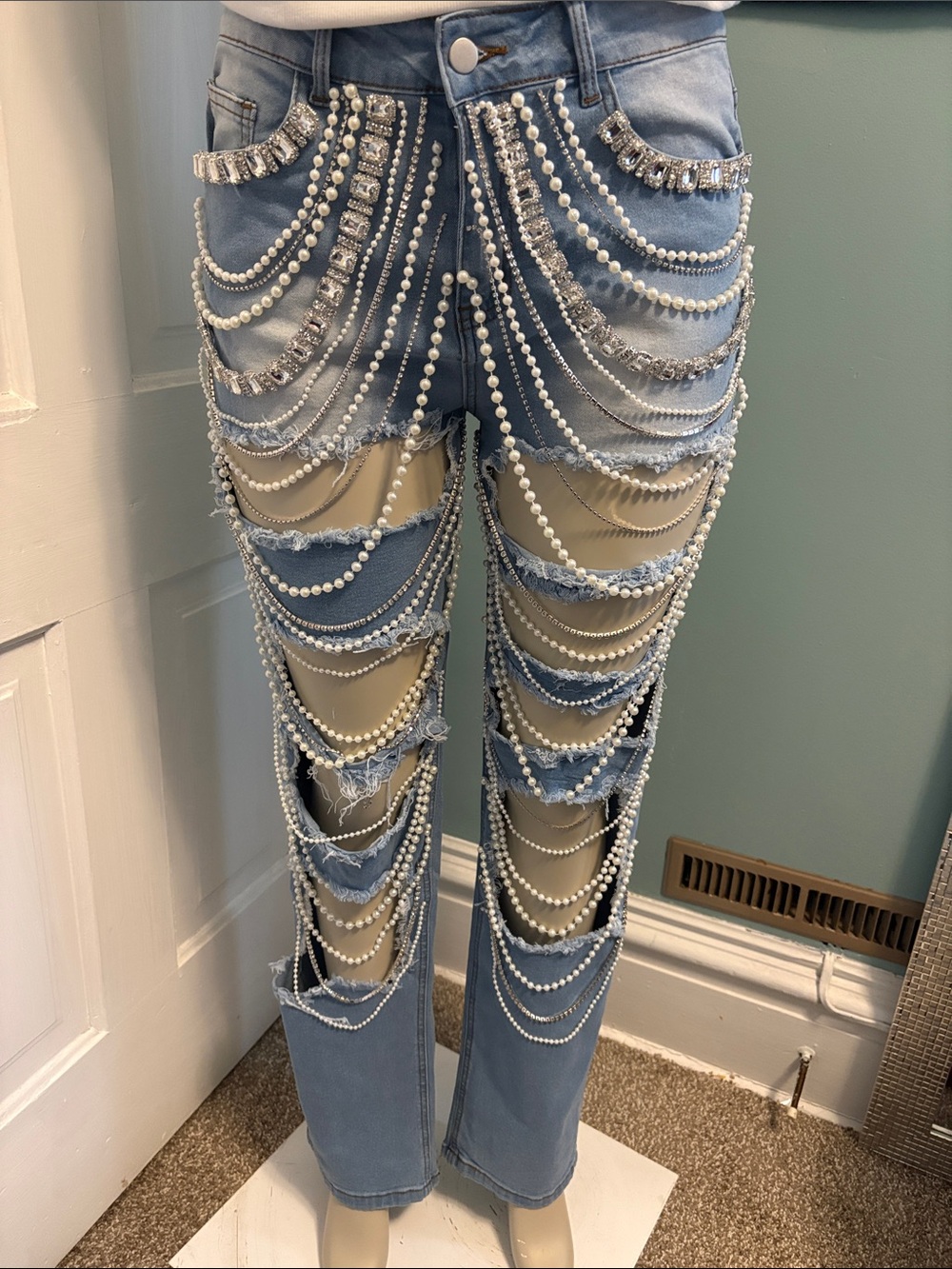 Hot & Delicious Light Blue Jeweled Distressed Straight Leg Jeans